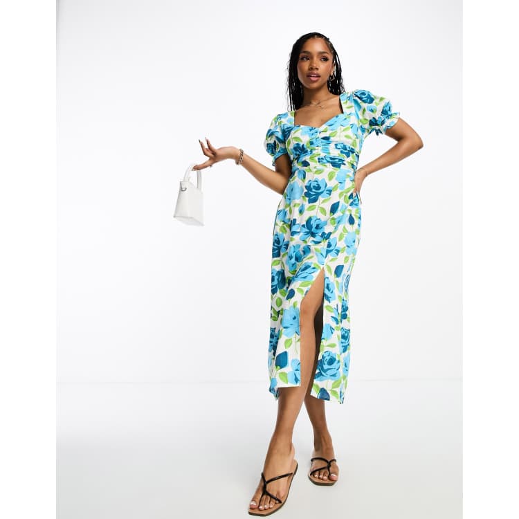 Miss Selfridge sweetheart ruched midi dress in oversized blue floral ASOS