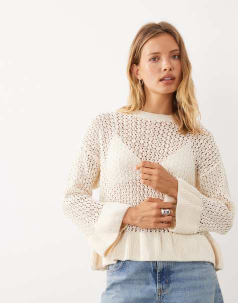 Miss Selfridge sweter szydełkowany z baskinkowym dołem i rękawami w kolorze kremowym - view 1