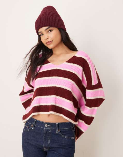 Miss Selfridge burgundy stripe v neck jumper