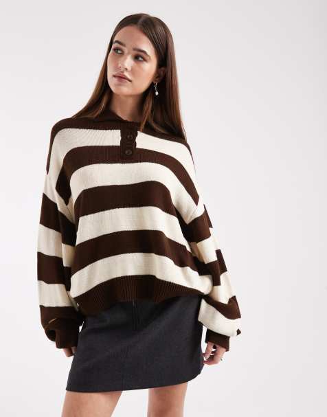 Miss Selfridge – Sweter z kołnierzykiem polo w paski w kolorze czekoladowym i kremowożółtym - view 1