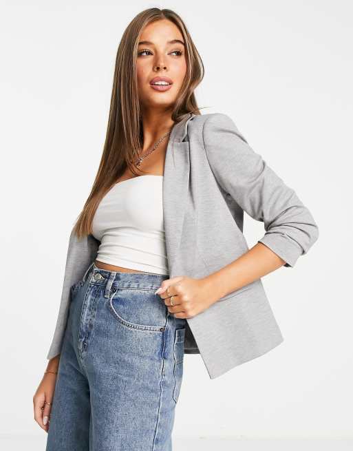 Miss Selfridge – Szara marynarka z marszczonymi rękawami z materiału ponte