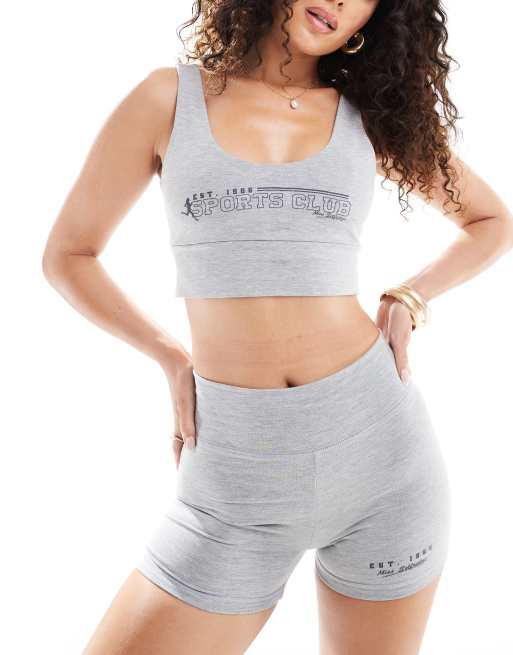 Miss Selfridge – Szara melanżowa braletka z dekoltem U i sportową grafiką