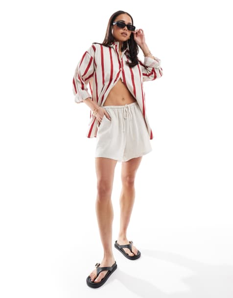 Miss Selfridge – Szarobeżowe, ściągane na sznurek szorty z materiału z dodatkiem lnu - view 1