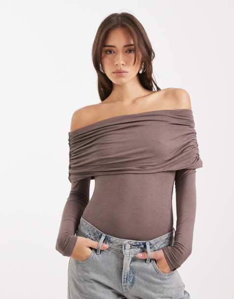 Miss Selfridge asym bardot bodysuit in mushroom