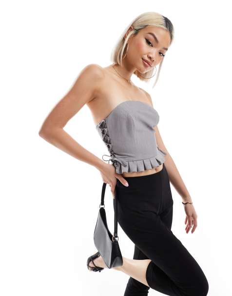 Miss Selfridge – Szary dopasowany top gorsetowy z dekoltem bandeau i wiązaniami po bokach - view 1