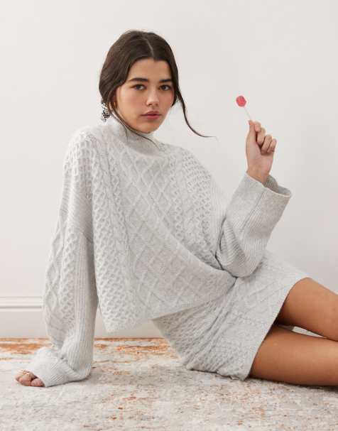 Miss Selfridge – Szary melanżowy sweter z dzianiny o warkoczowym splocie, część zestawu - view 1