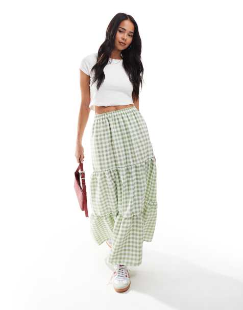 Miss Selfridge – Szałwiowa warstwowa spódnica maxi w kratkę vichy - view 1