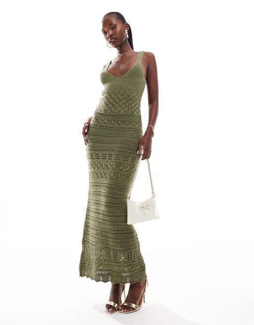 Miss Selfridge – Szydełkowana sukienka maxi w kolorze khaki