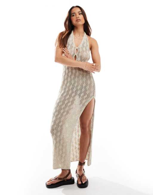 Miss Selfridge – Szydełkowana sukienka maxi z dekoltem typu halter
