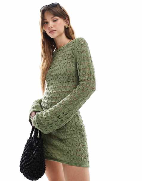 Miss Selfridge – Szydełkowana sukienka mini w kolorze khaki z obniżonym tyłem i długim rękawem - view 1