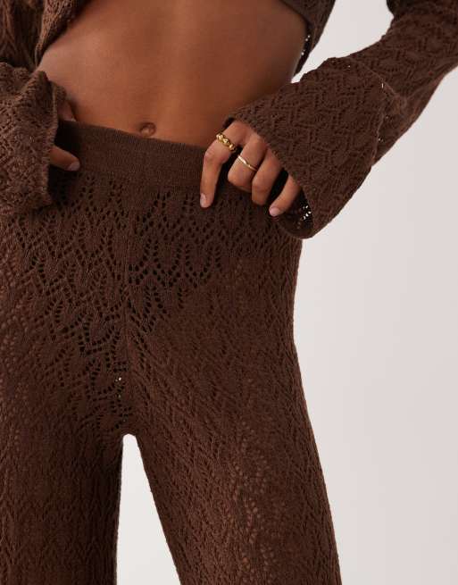 Miss Selfridge – Szydełkowane czekoladowe spodnie z szerokimi nogawkami, 4 z 5