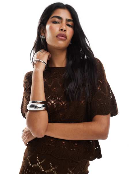 Miss Selfridge crochet beach tee co ord in chocolate