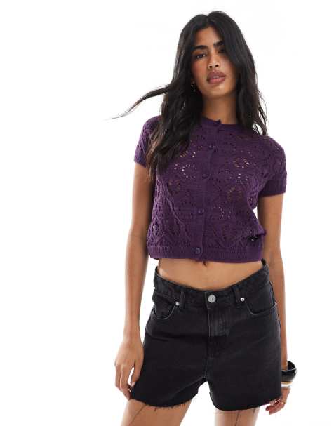 Miss Selfridge knitted crochet short puff sleeve cardigan in plum