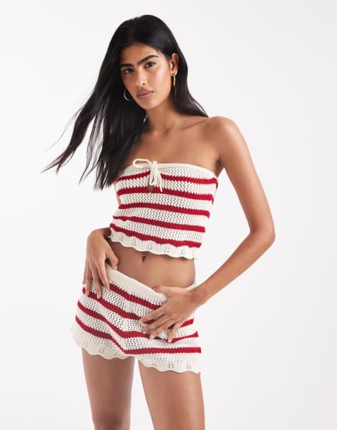 Miss Selfridge knitted stripe crochet bandeau co ord in red