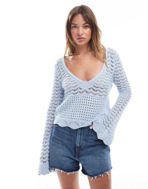Miss Selfridge crochet flare sleeve top in pale blue 
