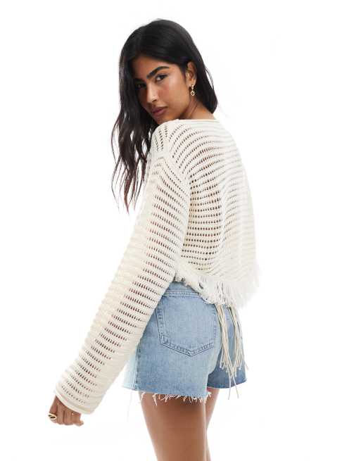 Miss Selfridge – Szydełkowany kremowy sweter z frędzlami w stylu boho, 3 z 4