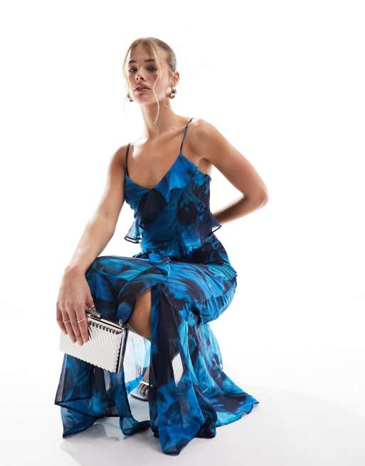 Miss Selfridge – Szyfonowa sukienka maxi z asymetrycznymi falbankami w rozmyty kwiatowy wzór