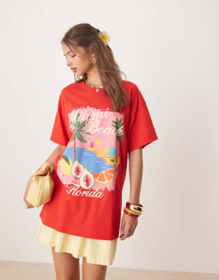 Miss Selfridge - T-shirt à imprimé estival Miami Beach - Rouge - view 1