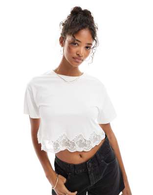 T-shirt à manches courtes avec ourlet en dentelle - Blanc 34