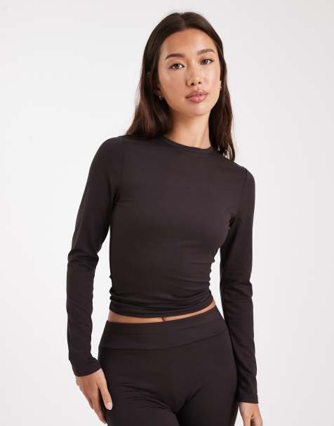 Miss Selfridge - T-shirt a maniche lunghe sagomata color cioccolato - view 1