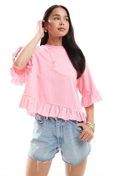 Miss Selfridge - T-shirt à ourlet volanté - Rose clair - view 1