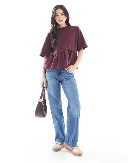 Miss Selfridge – T-Shirt aus Popeline-Mix in dunklem Pflaume mit Rüschensaum, 3 von 4