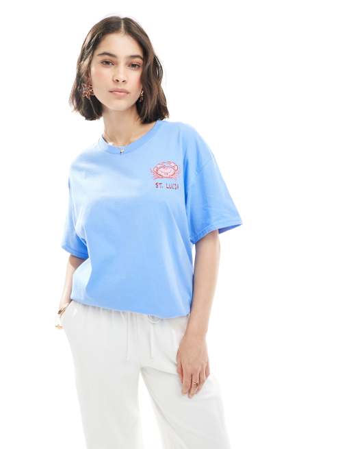 Miss Selfridge - T-shirt blu con grafica "St. Lucia" con conchiglie, 2 di 4