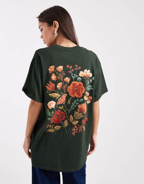 Miss Selfridge - T-shirt color oliva con grafica floreale stile arazzo - view 1
