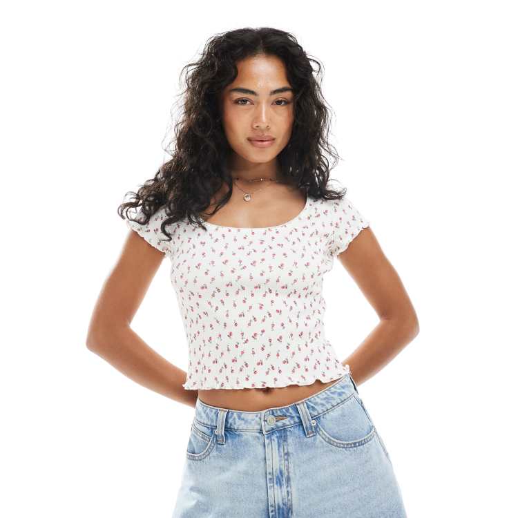 Haut Femme Miss Selfridge Taille 4 - Blanc à Imprimé Floral - Manches Courtes - Occasion Très Bon état
