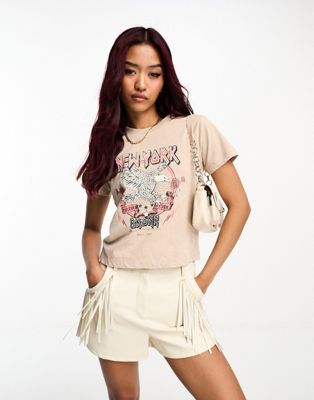 Miss Selfridge festival new york graphic t-shirt with cut out back detail in sand - ASOS Price Checker