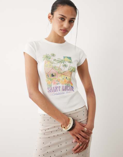 Miss Selfridge - T-shirt effet rétréci à imprimé Saint Lucia - Crème - view 1