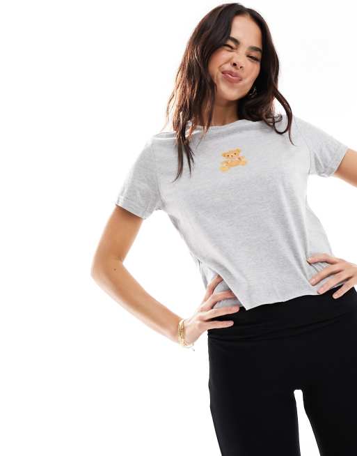 Miss Selfridge – T-Shirt in Grau mit Teddybär-Print
