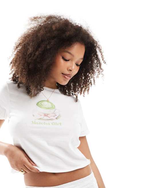 Miss Selfridge - T-shirt met matcha girl-print in wit