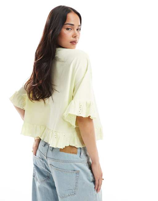 Miss Selfridge - T-shirt met ruches aan de zoom in botergeel, 4 van 4