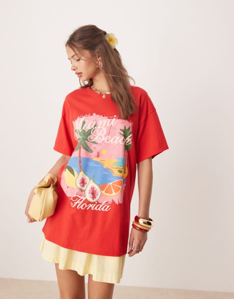 Miss Selfridge - T-shirt met zomerse 'Miami Beach' print in rood - view 1