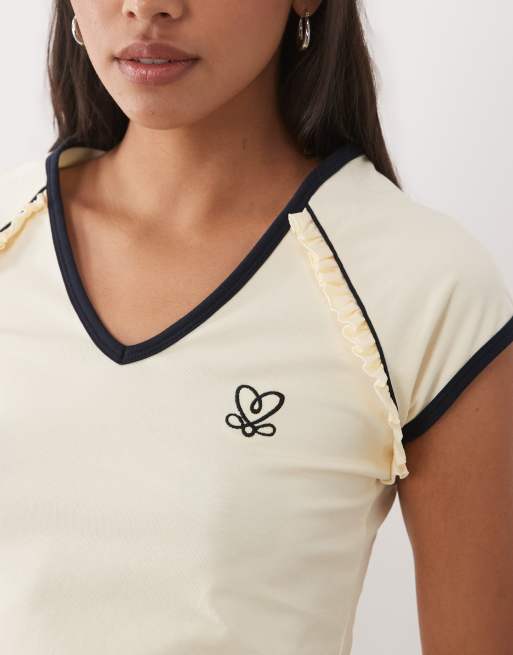 Miss Selfridge - T-shirt mini college blu navy e crema con maniche raglan, 3 di 4