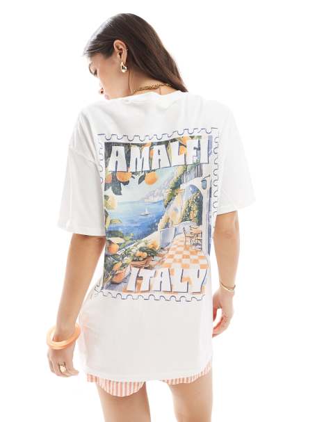 Miss Selfridge - T-shirt oversize à imprimé Amalfi estival - Blanc - view 1