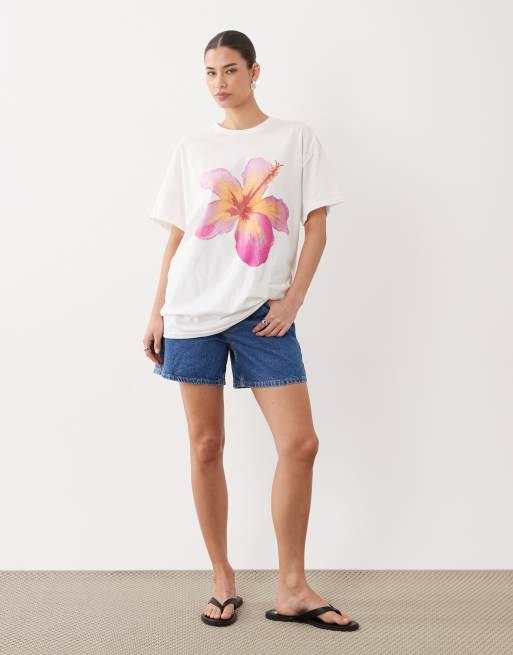 Miss Selfridge - T-shirt oversize à imprimé hibiscus - Blanc, 3 de 4
