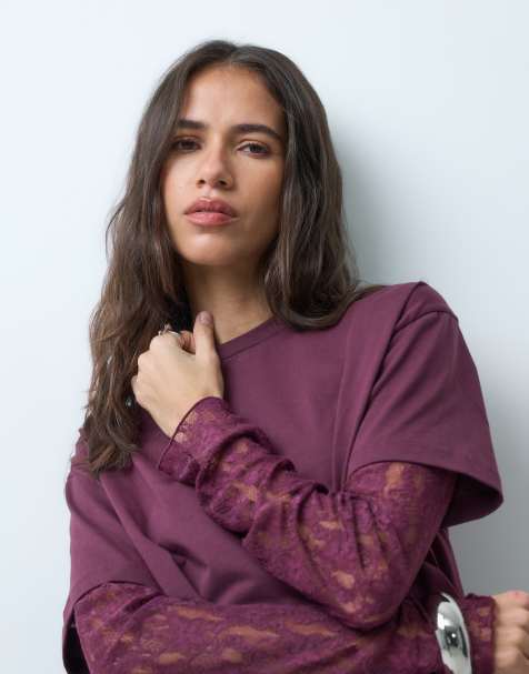 Miss Selfridge t-shirt oversize à manches en dentelle, figue - view 1