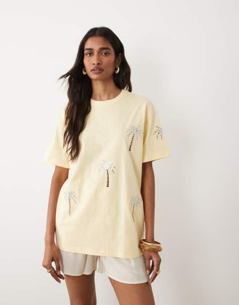 Miss Selfridge - T-shirt oversize à palmiers ornementés - Jaune pâle - view 1