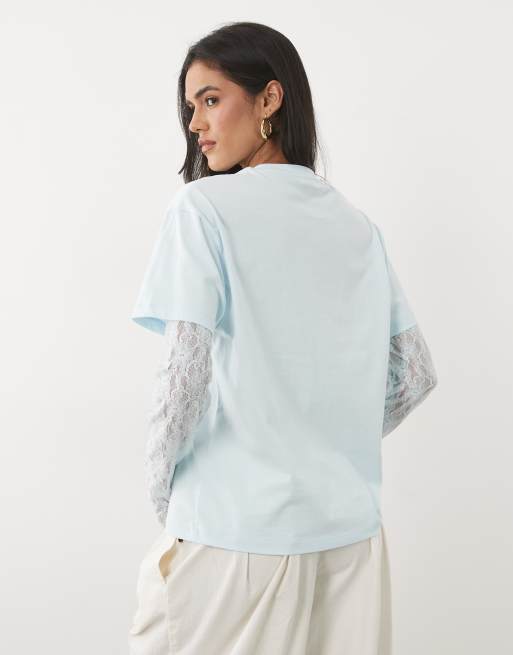 Miss Selfridge - T-shirt oversize avec manches en dentelle - Bleu, 4 de 4