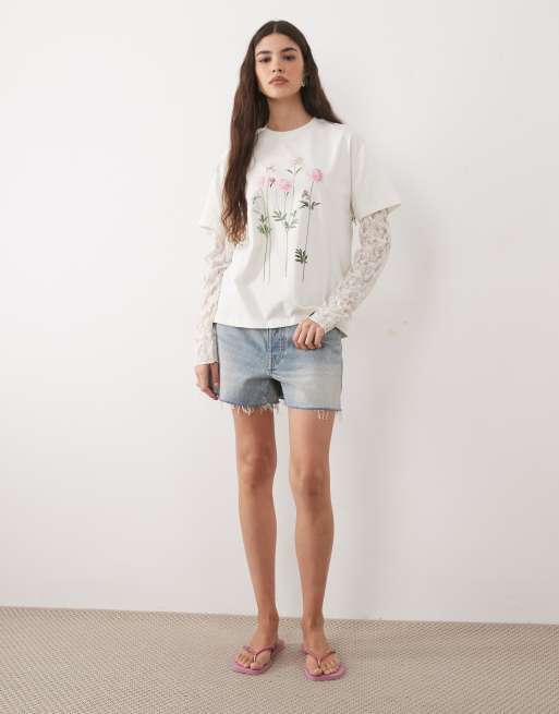 Miss Selfridge - T-shirt oversize avec manches en dentelle et imprimé fleurs - Crème, 2 de 4