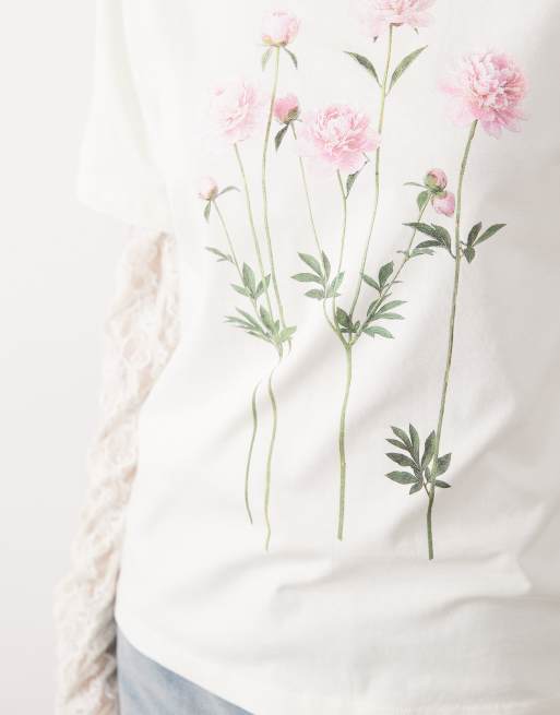Miss Selfridge - T-shirt oversize avec manches en dentelle et imprimé fleurs - Crème, 3 de 4