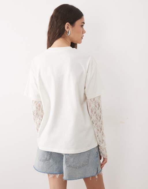 Miss Selfridge - T-shirt oversize avec manches en dentelle et imprimé fleurs - Crème, 4 de 4