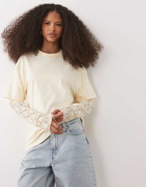 Miss Selfridge - T-shirt oversize avec manches en dentelle - Jaune beurre - view 1