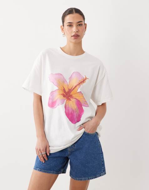 Miss Selfridge - T-shirt oversize bianca con stampa di ibisco - view 1