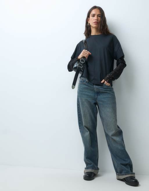 Miss Selfridge t-shirt oversized à manches en dentelle noir, 2 de 5