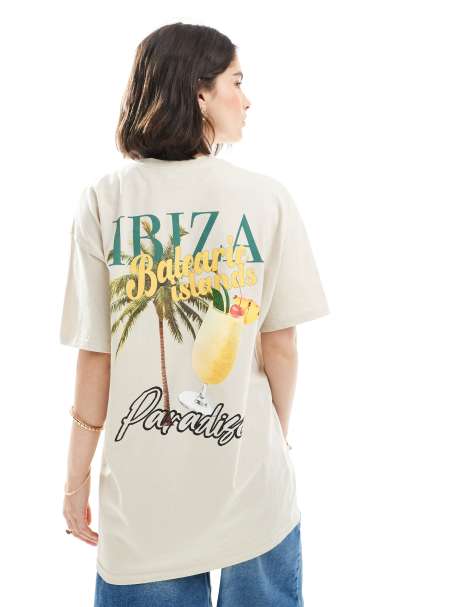 Miss Selfridge – T-shirt w kolorze piaskowym z letnią grafiką z napisem „Ibiza" - view 1