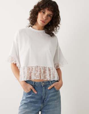 Miss Selfridge T-shirt with lace ruffle hem in white