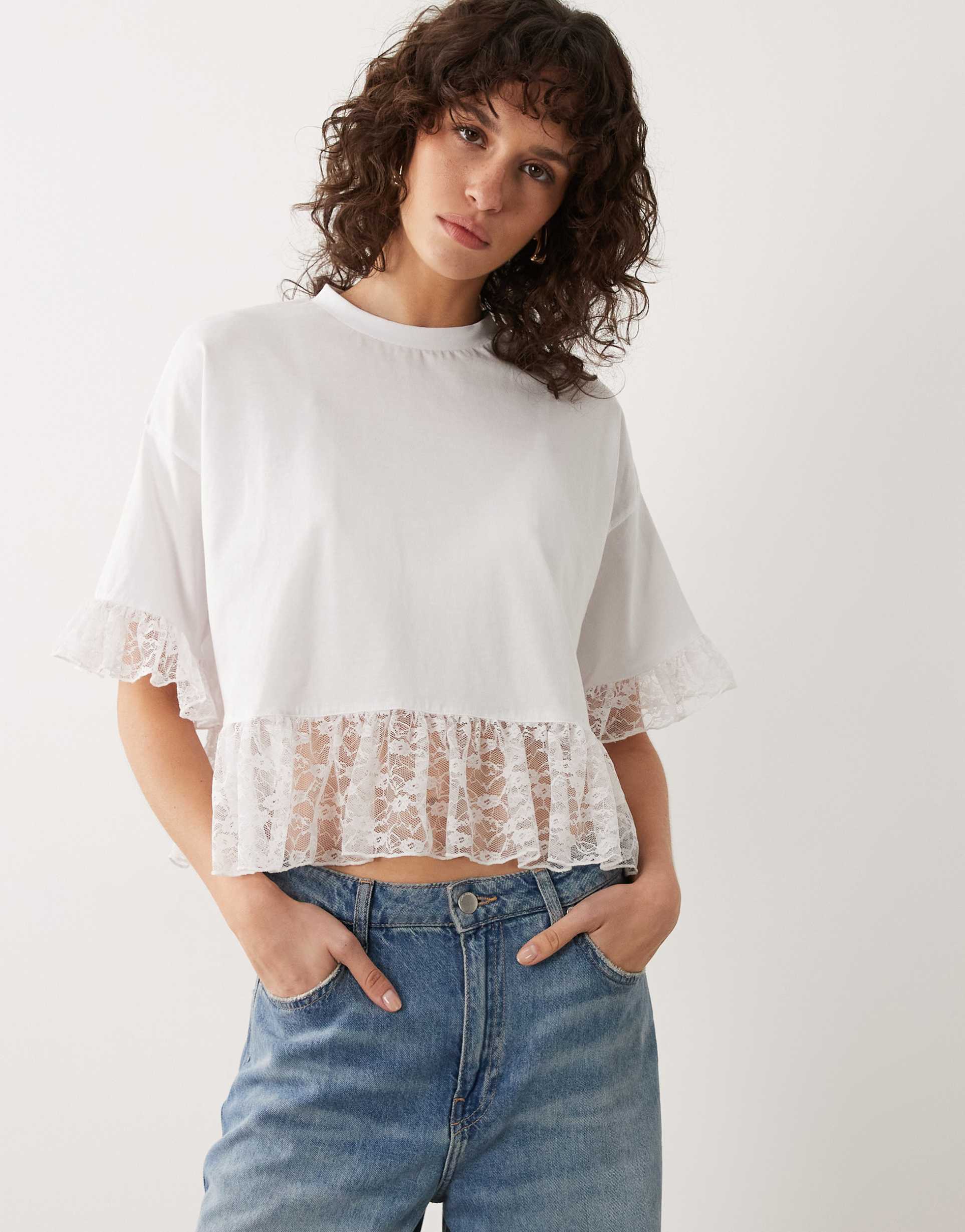 miss selfridge t-shirt with lace ruffle hem in white